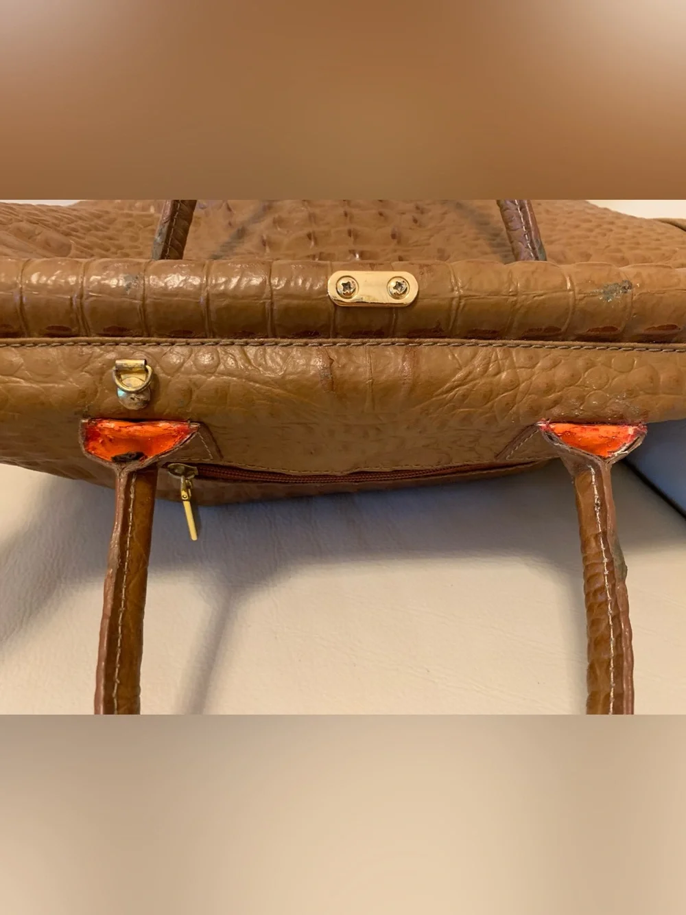 Old Florence Leather Croc Embossed Handbag Brown Naturally Dyed & Treated Italy